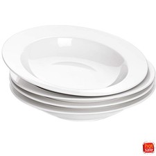 Set of 4 White Porcelain Bowls 9.5in 20oz Wide Rim Microwave  Dishwasher Safe