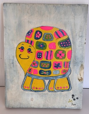 VTG Mod Turtle Primitive Folk Art Wall Painting on Wood Board Signed 7.5'' x 9''