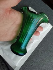 Beautiful Art Nouveau Vase iridescent dark green glass Loetz, Kralik? exc cond