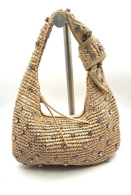 URBAN Beige Woven Shoulder Bag Rhinestone Bow Accents Zip Lined Inner Pockets
