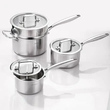DELARLO Kitchen Pot Set, Tri-Ply Stainless 1QT+2QT+3.5QT With Steamer, Silver 