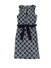 Tory Burch 100% Silk Dress Navy Ivory Logo Print Belted Sleeveless Size S