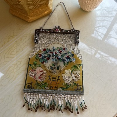 Amia Denver CO handpainted suncatcher glass purse fringed & beaded 11.5 x 7 