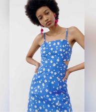 Zara Blue Floral Printed Cut Out Mini Dress Linen Blend Size M