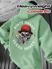 Men's Gothic "Dirty Hands Clean Money" Biker Reaper Graphic Hooded Sweatshirt -