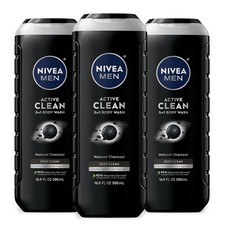 NIVEA Men Active Clean Body Wash with Natural Charcoal 16.9 Fl Oz Pack of 3