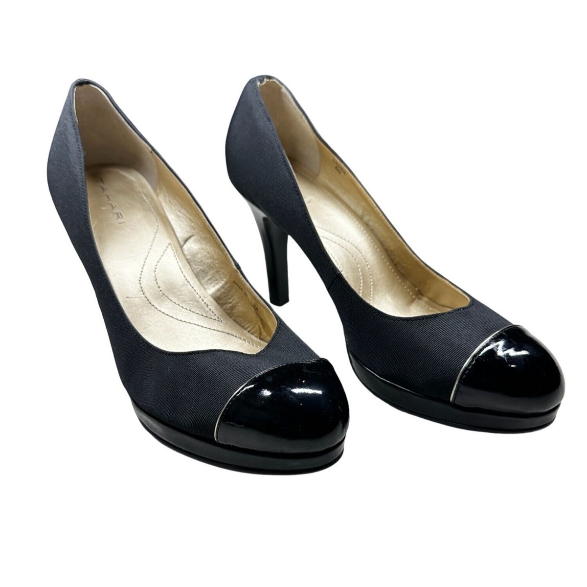 Tahari Black Heels Womens Size Laurie Fabric Patent Leather Toe Pumps