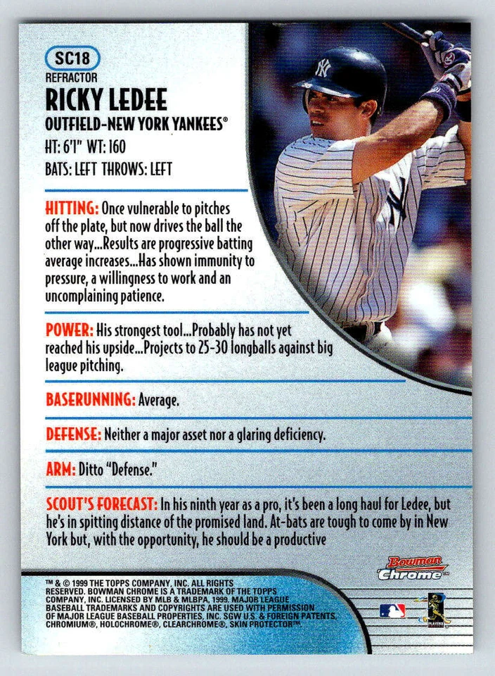 1999 Bowman Chrome Scout's Choice Refractors #SC18 Ricky Ledee (ref 195298) - Image 2 of 2