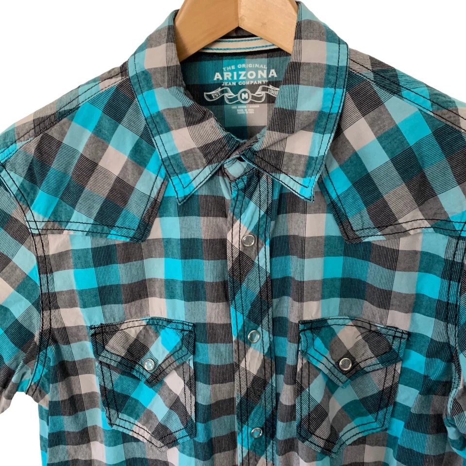 Camisa Arizona Jean Co Para Hombres Mediana Azul Aqua Cuadros Perla A Presión Manga Corta Algodón Foto 3 de 4