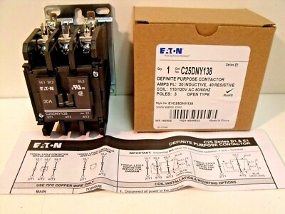 NIB Eaton C25DNY138 Definite Purpose Contactor:  3-Poles, 110/120V 50/60Hz Coil