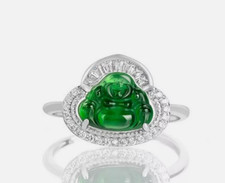 Certified S925 Sterling Silver Natural Green Burma A Jade jadeite Buddhism Ring