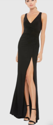 MAC DUGGAL 26513 FAUX WRAP SLEEVELESS V-NECK BLACK GOWN  sz 6