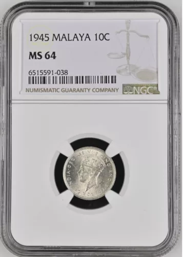 MALAYA 10 Cents 1945, NGC MS 64 Choice UNC / BU Full Luster, KGVI.   ..A4