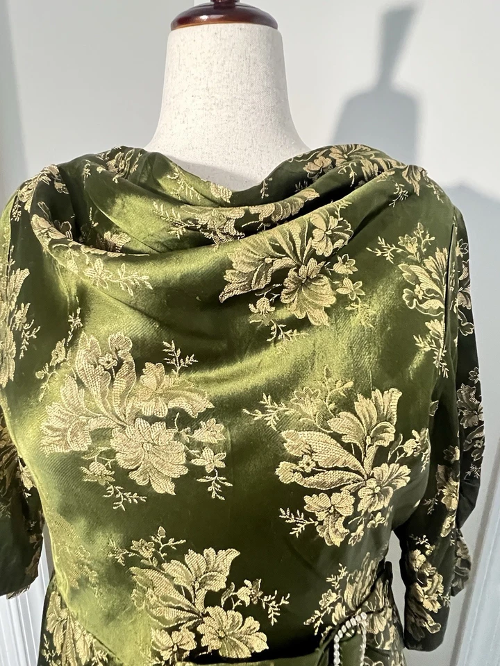 Vintage 1950s Handmade Green Brocade Wiggle Dress | Elegant Floral Cocktail - Image 4 of 4