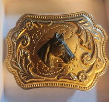 Vintage Brass Horse Head Ornate Goldtone Western Framed Small Belt Buckle