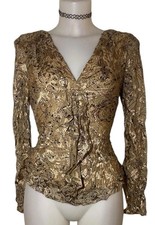 90s Y2k Womens Victorian Brown Silk Ruffle Top Sz S Whimsigoth Coquette Vampy