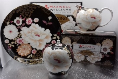 Maxwell & Williams Haushaltswaren: schwarzer Kimono: Milchkännchen, Zuckerdose, Kuchenteller