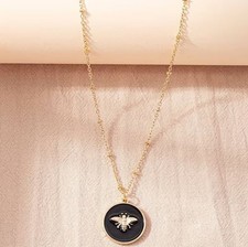 Image of Fancy Gold Plated Steel Chain Necklace With Black Enamel Bee Pendant