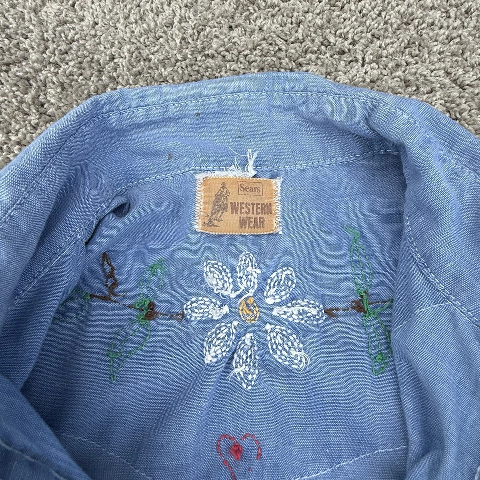 Женские винтажные Sears Western-wear вышитый джинсовой ткани жемчуг Snap рубашка большой народное искусство - Изображение 3 из 4