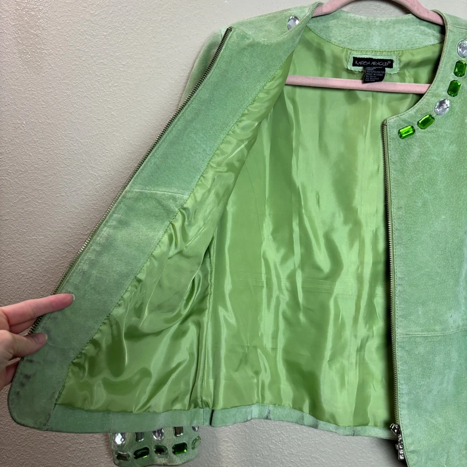 Chaqueta de cuero para mujer y2k Glam verde claro estrás colorida declaración retro M Foto 2 de 4