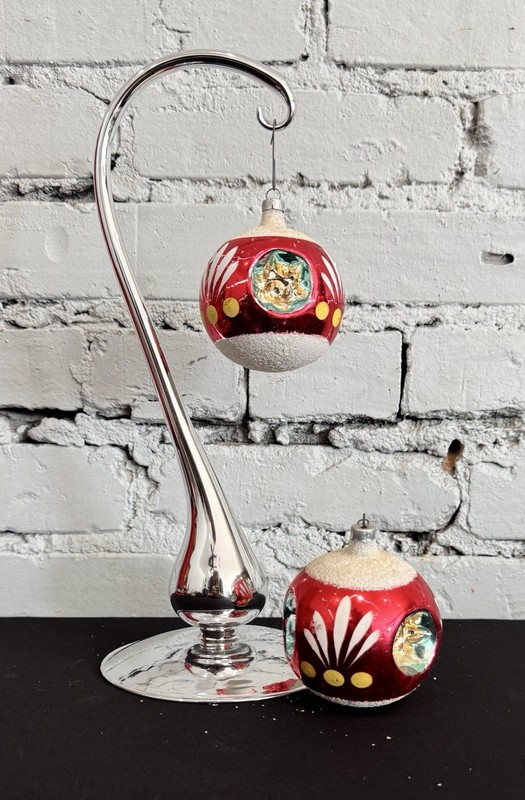 2 Lg Vintage W Germany Glass Christmas Ornaments Triple Indent  Painted And Mica