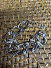 Silver Tone Skull Link Chain Bracelet for Men with Antiqued Finish