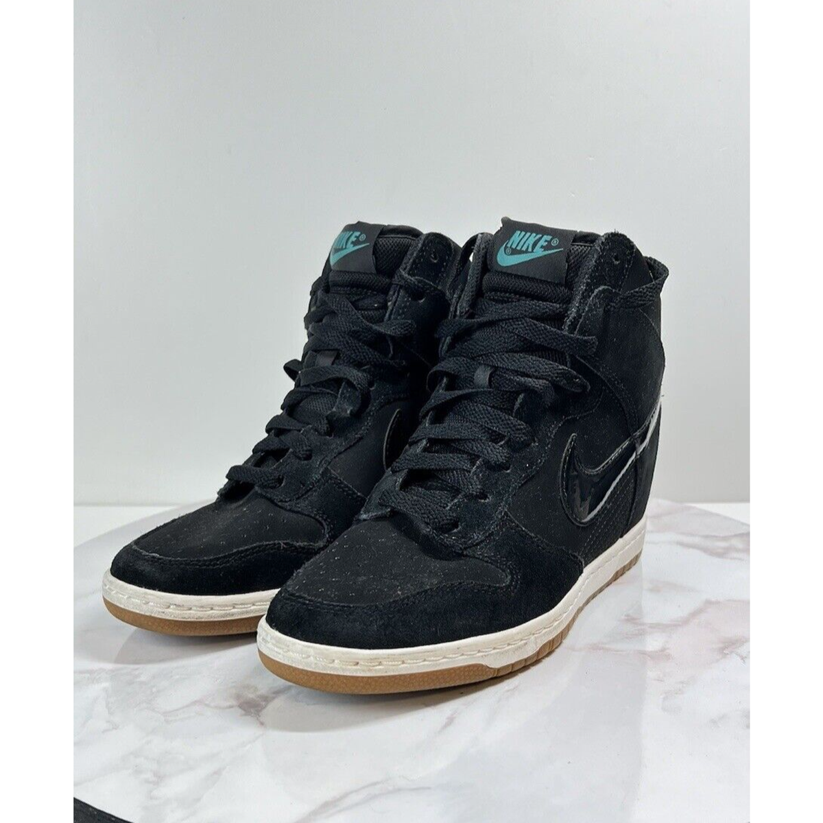 Nike Dunk Sky Hi Essential Hidden Wedge Heel Shoes Black White Gum Women Sz 