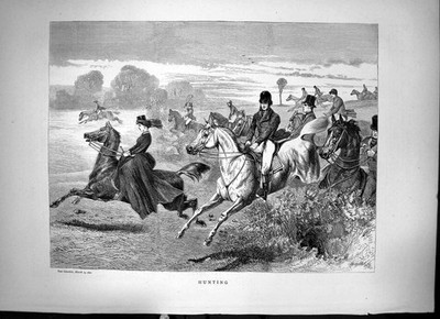 Original Old Antique Print Hunting Men And Women On Horses Through Fields 1870