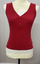 Y2K Dress Barn Small Tank Top Red Ribbed White Lace Trim Fitted 90's Cotton