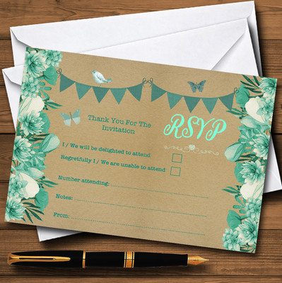 Personalisierte RSVP-Karten türkis & mintgrün rustikal & Blumen