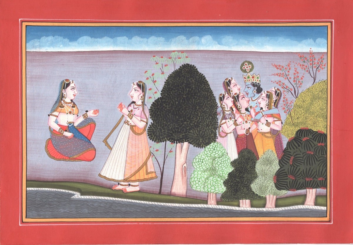Indian Kangra Pahari Art Handmade Hindu Deity Krishna Gopi Forest