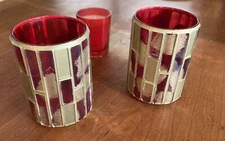 Red and Gold Mosaic Crackled Candle Holder Lot Of 2 Vintage MCM Tag Ltd.