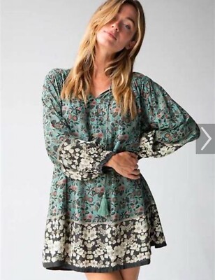 Natural Life Dara Tunic Dress Floral Long Sleeve Flowy Boho V-Neck Tassels LARGE