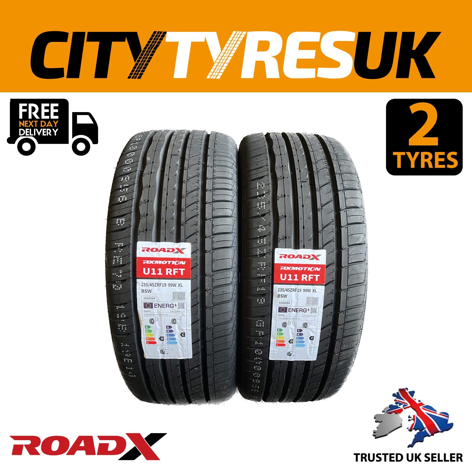 TWO NEW TYRES 235 45 19 99W XL ROAD X U11 RUNFLAT! *C RATED IN WET
