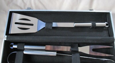 (3) Piece  Stainless Steel  BBQ Tool Set With Metal Case 