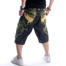 Mens Knee-Length Shorts Denim Pants Embroidery Relaxed Hip-Hop Baggy Loose Jeans