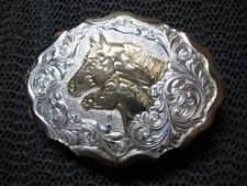 WESTERN HORSES PORTRAIT COWBOY COWGIRL BELT BUCKLE VINTAGE RARE CRUMRINE 80s