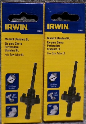 Lot of 2 IRWIN 1-1/4'' To 6'' Hole Saw Mandril Standard 6L 3/8'' Hex Shank #1934492