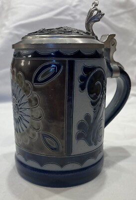 Germany Stoneware Pottery Stein w/ Pewter hinged Lid Erbo Zinn So handsome!