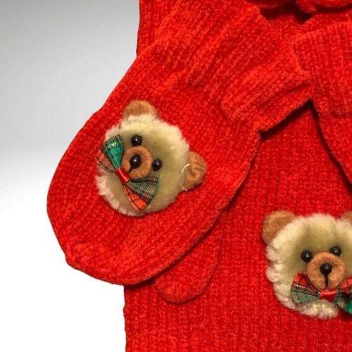 Toddler Red Chenile Scarf Mitten Set with Plush Teddy Bear Appliqué Winter NEW - Picture 4 of 6