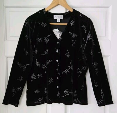 Casual Corner Annex Petite Black Velvet Button Down Shirt Top Long Sleeve M NWT
