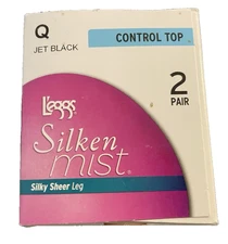 L'eggs Silken Mist NIB Lot of 2 Pairs Size Q - Jet Black - Control Top