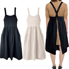 Cotton Linen Apron Cross Back Work Apron for Women with Pockets Pinafore Dres...