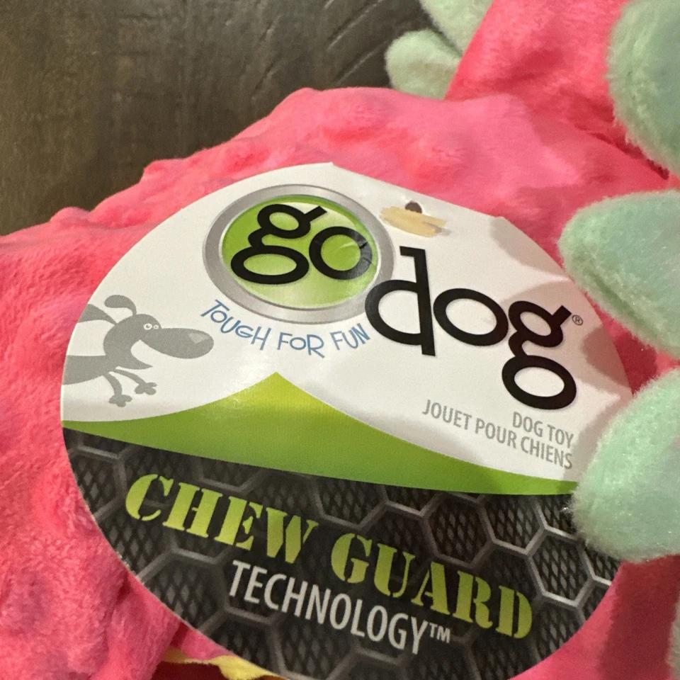 Juguete GoDog Dino Triceratops grande chirrido rosa verde azulado amarillo con tela protectora para masticar Foto 4 de 4