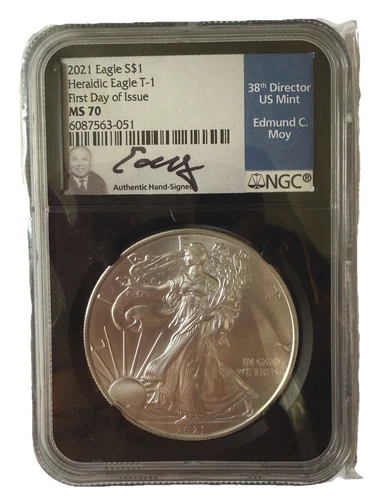 2021 Silver Eagle Dollar Heraldic T-1 NGC MS 70 First Day Denver Moy Signed $1