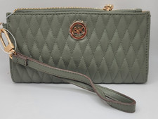 Anne Klein olive Quilted Wristlet Wallet Gold Hardware Logo Zipper Button Strap