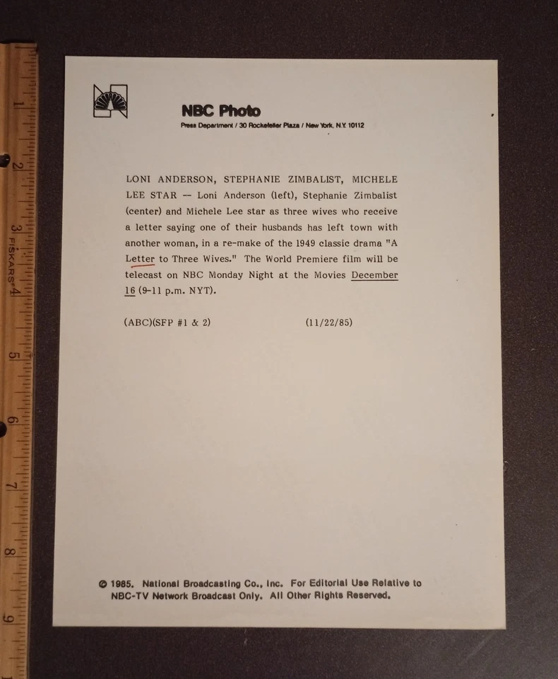 1985 Loni Anderson Stephanie Zimbalist Michele Lee Carta a Tres Esposas Promo Foto 2 de 2