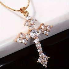 1pcs Shiny CZ Crystal Zircon Cross Pendant Necklace for Women Girls Gold Chain