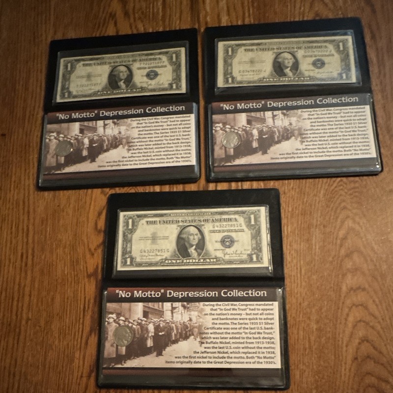 3x No Motto Depression Collection Display Cases w/ $1 Notes Lot
