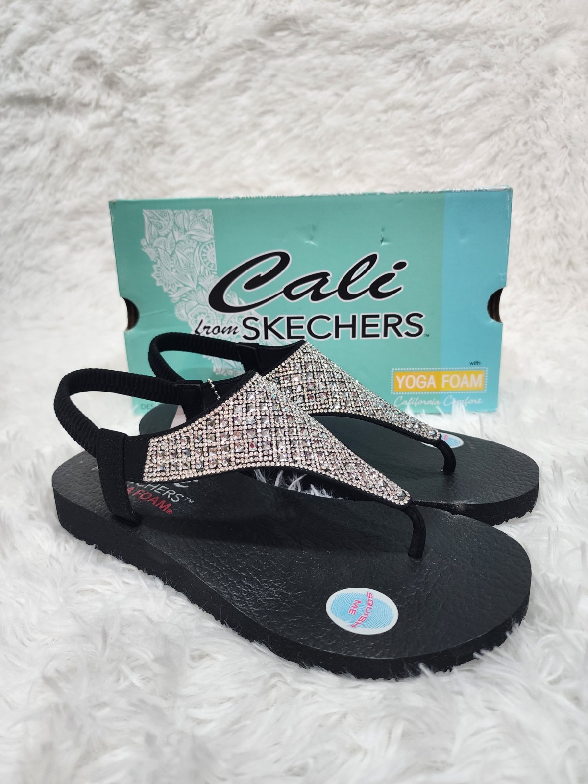 Skechers Cali Meditation Black Sparkly Thong Sandals Womens Size 8